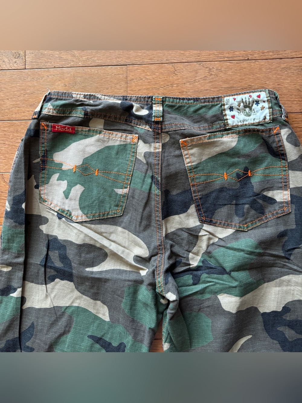 Y2k Mudd Camouflage Pants with Vibrant Orange Stitching